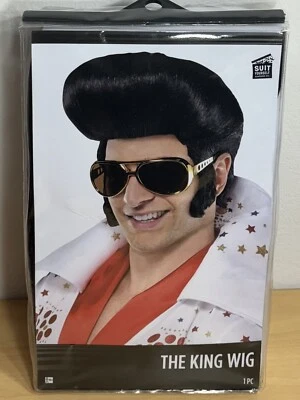 Peluca negra con tema de imitador de Elvis Presley bufanda roja accesorio de disfraz de Halloween Foto 1 de 4