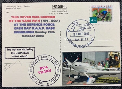 2002 Postcard Flight Cover By Jon Johanson In RV4 VH-NOJ Edinburgh RAAF Open Day - image 1 of 2