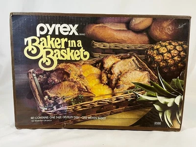 New Sealed Box - Vintage Pyrex Baker In A Basket 2330 3 Qt Baking Dish w Basket - Image 1 of 2