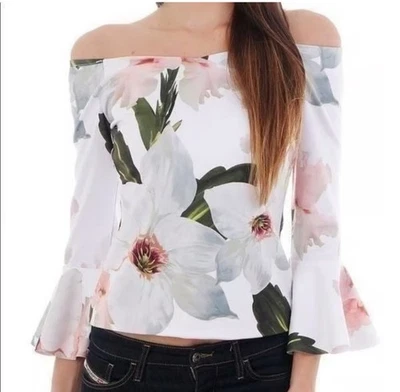Ted Baker London Women’s Large White Floral 3/4 Bloom Sleeve Shirt Top  - Image 1 of 4