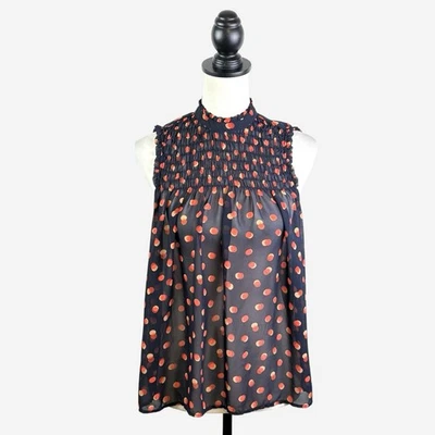 Blusa Maeve Anthropologie Cuello Alto Transparente Lunares Volantes Talla 2 Azul Marino Naranja Foto 1 de 4