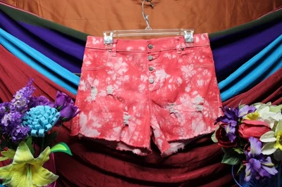 Pantalones Cortos Para Mujer HUE Rojo Corbata Teñida Corte Talla Grande Envejecidos Tiro Medio Retro Años 80 Foto 1 de 4