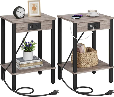 Set of 2 End Table with Charging Station, Narrow Side Table with USB Ports and O - Image 1 of 4