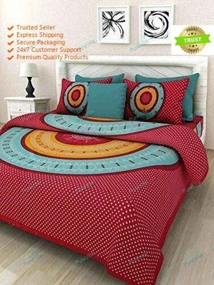 Sábana bajera doble de algodón estampada Jaipuri para decoración del hogar, 2 fundas de almohada Foto 1 de 4