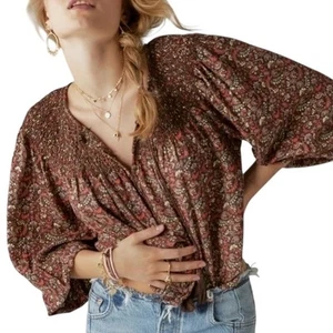 Lucky Brand Printed Smocked Peasant Blouse XL - Picture 1 of 16