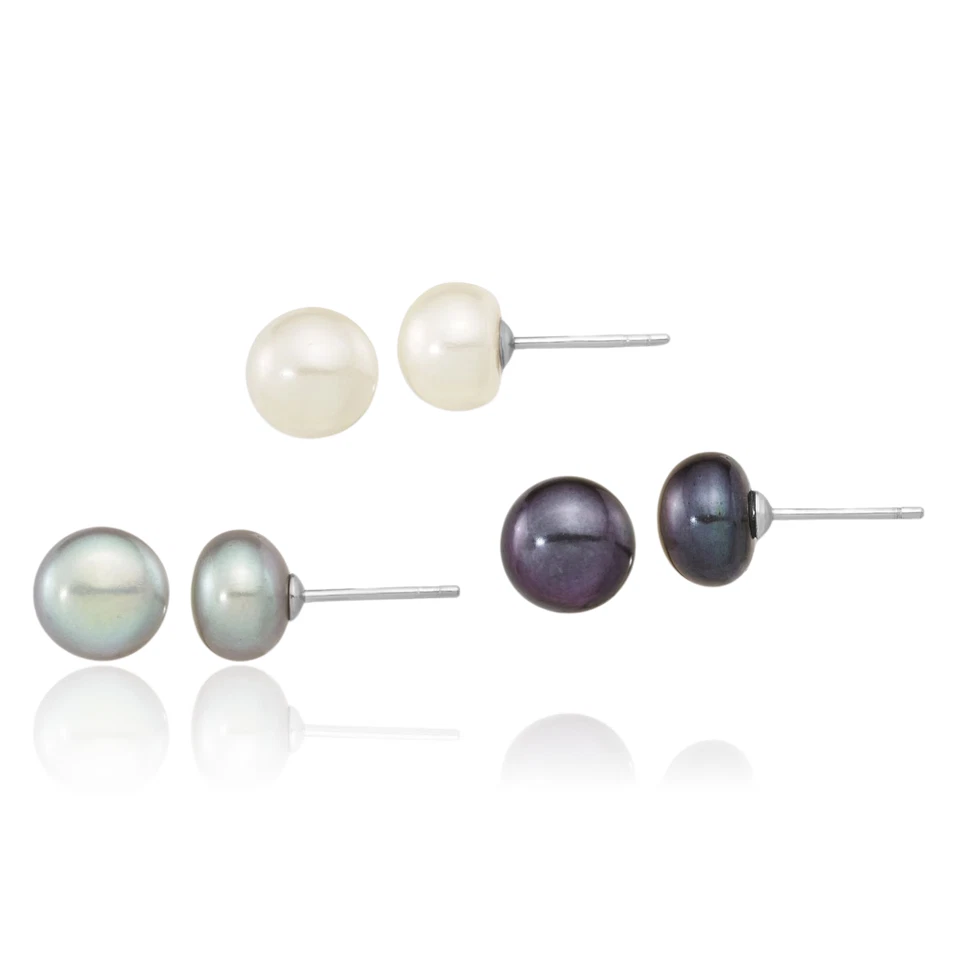 925 Sterling Silver 8mm Black White Grey Button Freshwater Cultured Pearl Set... - Image 1 of 4