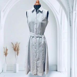 Ann Klein Blue And White Sear Sucker Midi Shirt Dress S/M With Pockets - Picture 1 of 15