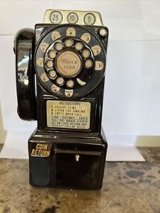 Vintage Black Rotary Telephone Ceramic Coin Bank Tabletop Retro