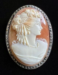 Large Very Fine Carved Cameo Shell Brooch set in a Sterling Silver & Marcacite - Picture 1 of 11