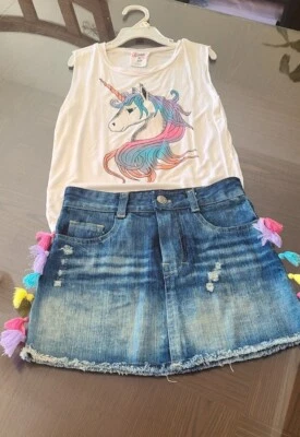 Flowers By Zoe Girls Denim Tassel Skirt & Unicorn Tank Set Size S 7-8 - Image 1 of 4