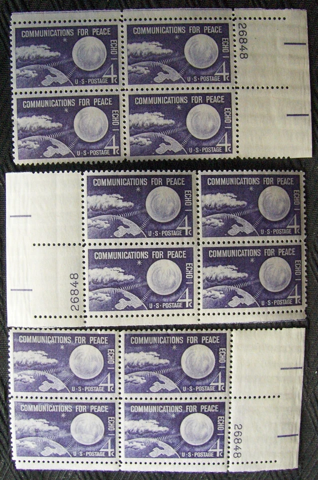 US 4¢ stamp SC #1173 Communications For Peace MNH 1960. 3 matching plate blocks - Image 1 of 1