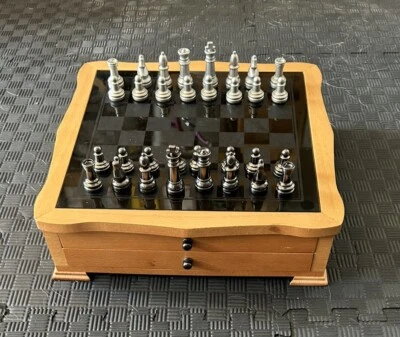 Chess And Checkers Board With Glass Top, Dominos,  Dice, Chess, Checkers Pieces - Image 1 of 4