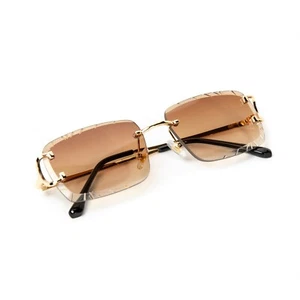 Rimless Luxury Hip Hop Men's Gem Cut Brown Tint Gold Frame Rectangle Sunglasses - Picture 1 of 5
