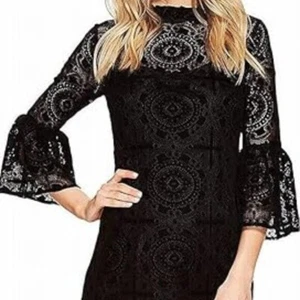 Calvin Klein Sz 16 Black Sheath Dress Lace Sheer Velvet Overlay Bell Sleeve - Picture 1 of 8