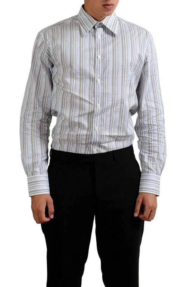 Camisa social masculina manga longa listrada multicolorida Versace Collection "City" - Imagem 1 de 4