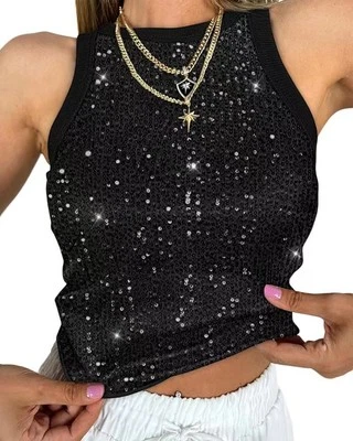 Women Cropped Sleeveless Sequin Leopard Print Vest - Image 1 of 4