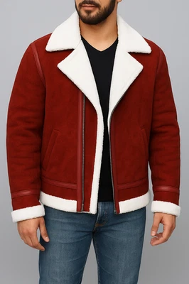 Men’s Red faux Shearling B3 Bomber Jacket Real Suede Aviator Coat Winter - Image 1 of 4