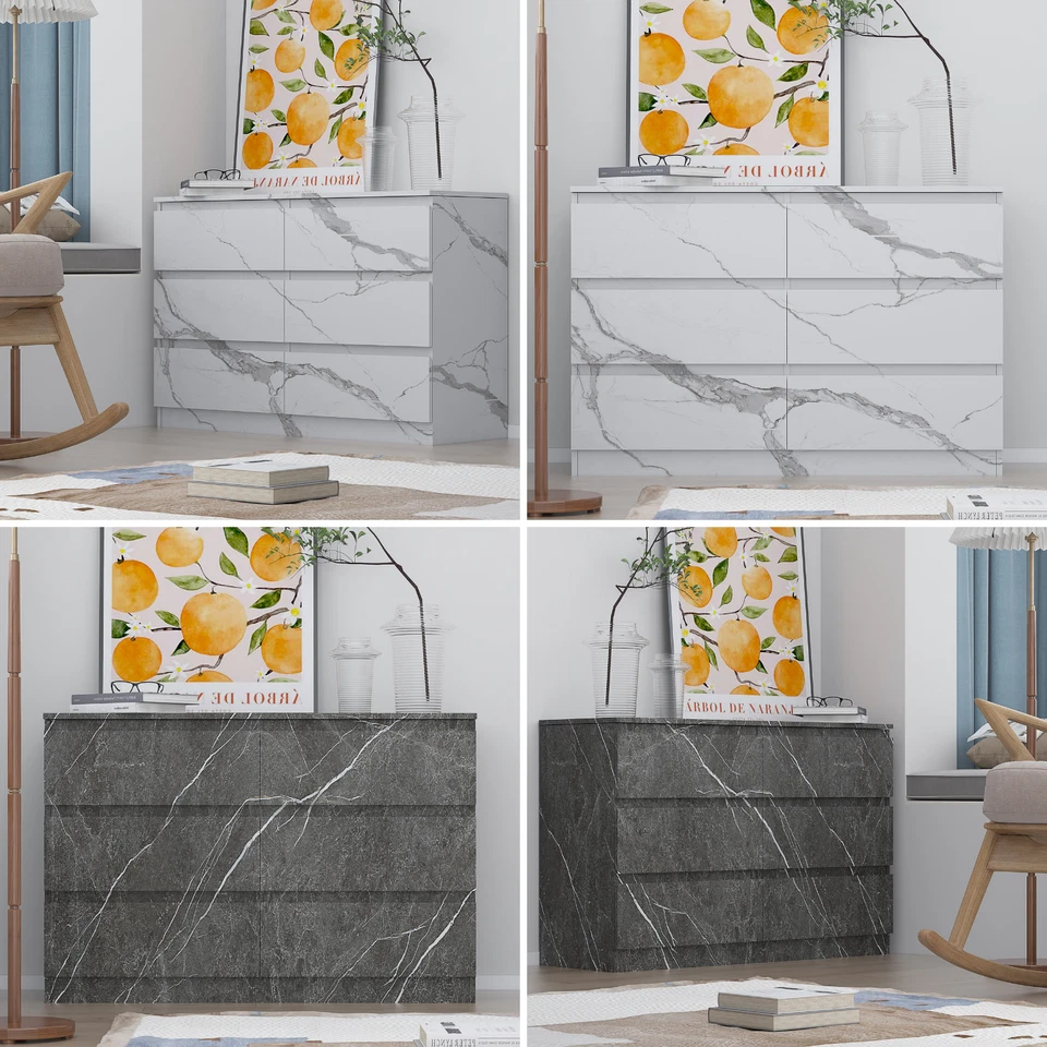 ZITA Bedroom Furniture Wide 6 Drawer Chest in White OR Grey Marble Colour Option - Image 1 of 1