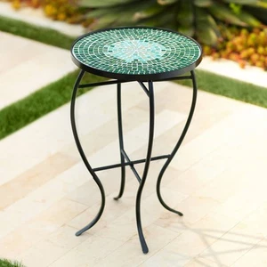 Modern Black Round Outdoor Accent Table 14" Wide Green Mosaic for Porch Patio - Picture 1 of 7