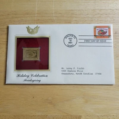 Estampilla réplica oro 22kt celebraciones navideñas Acción de Gracias primera edición día con tarjeta Foto 1 de 4