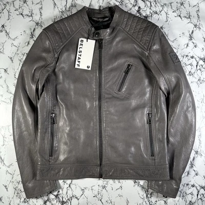 BELSTAFF Mens Charcoal Grey Leather V Racer Jacket SIZE UK40 IT50 LARGE BNWT - Image 1 of 4