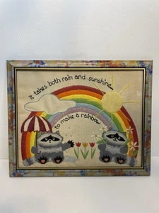 Vintage Raccoon Crewel Needlepoint Art Boho Rainbow Quote Rain Sunshine 70s 80s - Picture 1 of 13