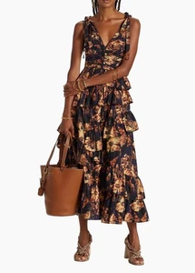 $690 Ulla Johnson Candace Ruffled Midi Dress Brown Floral Women’s 8 US NWT - Picture 1 of 18