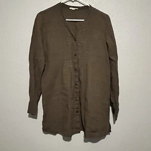 Eileen Fisher Brown Pleated V Neck LS Organic Irish Linen Button Lagenlook Shirt - Picture 1 of 12