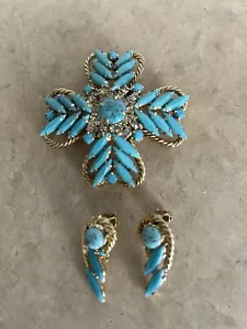 Juliana Delizza & Elster Gold Tone Turquoise Maltese Cross Brooch & Earring Set - Picture 1 of 7
