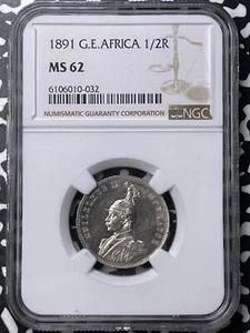 1891 German East Africa 1/2 Rupie NGC MS62 Lot#MK93 Silver! Nice UNC! - Picture 1 of 3