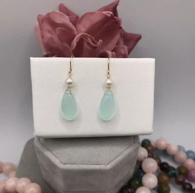 Brincos Aqua Calcedony ouro 14K pendente gota brioleta feitos à mão 15mm - Imagem 1 de 4