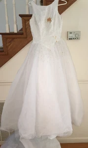 WOMEN WHITE SILVER BEADED Wedding Dress TRAIN PRINCESS TULLE Size S M 36" STAINS - Picture 1 of 10