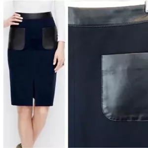 ANN TAYLOR Navy & Faux Leather Front Pockets & trim, Fron Kick Slit sz 10 - Picture 1 of 8