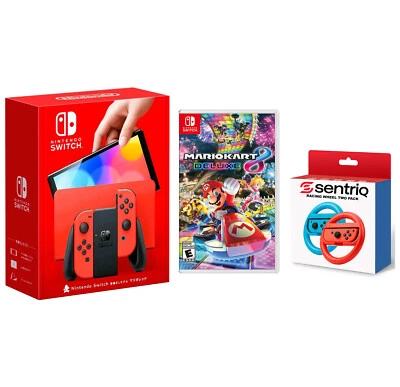 Nintendo Switch OLED + Mario Kart 8 Deluxe + Sentriq Wheel Joy Con Attachments