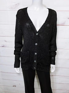 Jones New York Womens Cardigan Size M Black V-Neck Button Front Long Sleeve - Picture 1 of 7