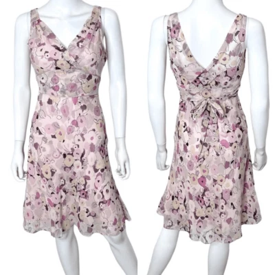 Express Vintage Silk Floral Print Tie Back Knee Length Dress in Purple Pink Sz 2 - Image 1 of 4