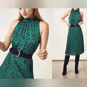 Banana Republic Emerald Green Leopard Satin Mock Neck Slvless Pleated Dress Sz M - Picture 1 of 8