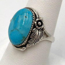 Signed AHM 925 Sterling Silver Turquoise FEATHER BLOSSOM Southwestern Ring SZ. 8