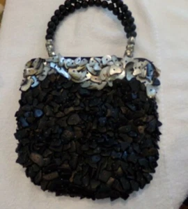 VGT SELTENE DESIGNER MAYA ABALONE MUSCHEL ABENDTASCHE MIT HOLZPERLEN GRIFF - Bild 1 von 4