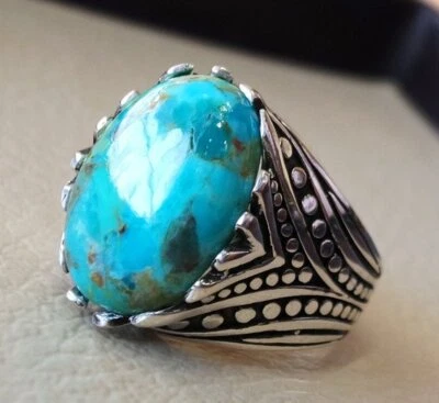 Solid 925 Sterling Silver Natural Blue Arizona Turquoise Gemstone Men's Ring - Image 1 of 4