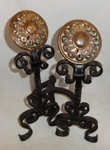 Fine Pair Antique Arts & Crafts Wrought Iron & Copper Fire Dogs Andirons 45cm - Picture 1 of 12