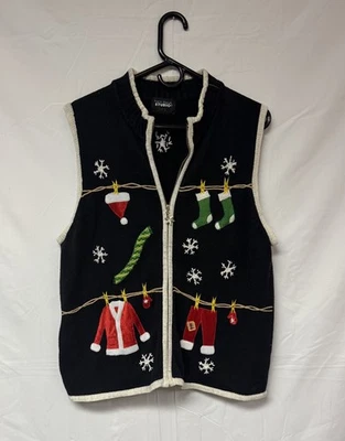 Mercer Street Studio Mujer Suéter Chaleco Negro Multicolor Feo Navidad Cremallera XL  Foto 1 de 4