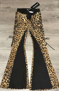 NWT XXS Current Mood Unapologetic Ways Flare Leopard Lace Up Tie Pants - Picture 1 of 5