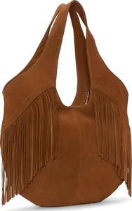 Lucky Brand Genuine Leather  Nyra Bag Tan Fringe Boho Suede Hobo Tote Mar80 - Picture 1 of 10
