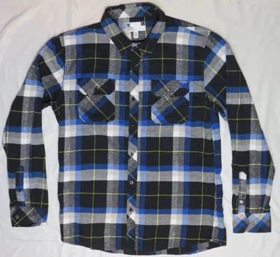 DC APPAREL DIVISION MENS L GRAY BLACK BLUE PLAID BUTTON 100% COTTON FLANNEL - Image 1 of 4