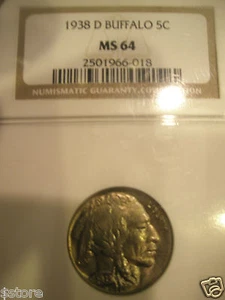 WOW SUPER NICE AND MS-64 CERTIFIED NGC 1938-D 5 CENTS BUFFALO NICKEL - Picture 1 of 3