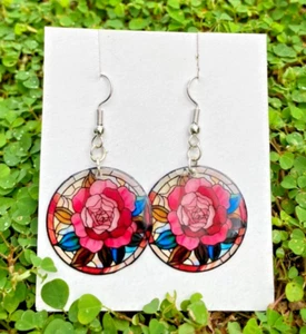 resin rose printed round earrings | colorful dangal drop earring | handmade boho - Picture 1 of 3