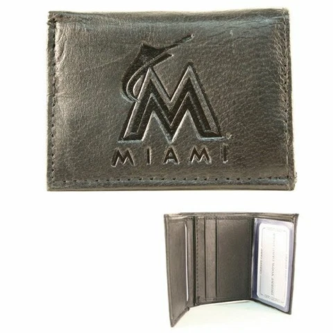 Miami Marlins MLB Black Leather Tri-fold Wallet Cover