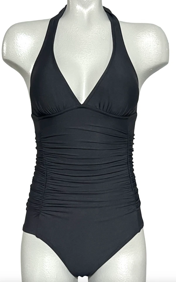J.CREW BLACK RUCHED HALTER ONE PIECE SWIMSUIT B6757 SIZE 2