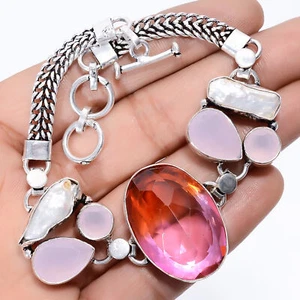 Bio Tourmaline Quartz Pearl Gemstone 925 Silver Handmade Bracelet 8-9" ARB-1038 - Picture 1 of 3